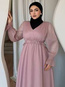 Dazy Plus Valentine Plus Size Women Solid Color Chiffon V-Neck Ruffle Trim Flare Sleeve Long Dress, Pink, Spring/Summer Maxi Dress Sundress - Pink - View 7