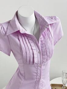 Elamini Summer Sweet Ruffled Waist Versatile Striped Collar Short Sleeve Shirt - Purple - View 1