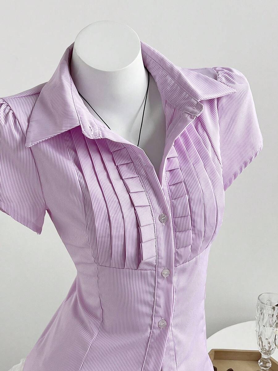 Elamini Summer Sweet Ruffled Waist Versatile Striped Collar Short Sleeve Shirt - Purple - View 1