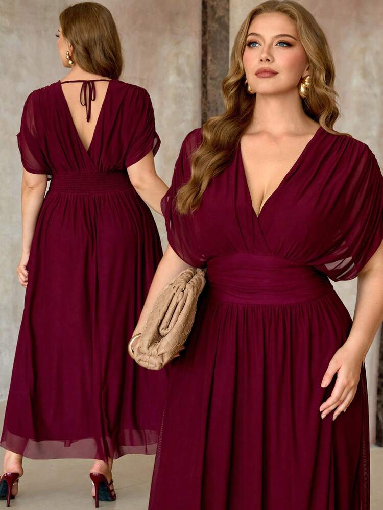 Roveilla Vestido maxi de manga corta con hombros con lazo, cintura fruncida, plisado, corte holgado y estilo vintage francés elegante para mujer de talla grande, color rojo angora, versátil para uso diario, negocios, vacaciones y casual, nueva llegada para primavera/verano - Granate - Añade 5