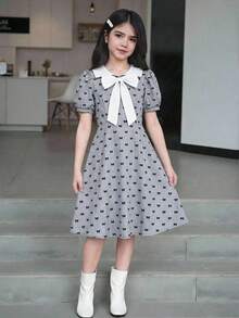 SHEIN 少女可爱白色翻领连衣裙，黑色蝴蝶结装饰；休闲灰色泡泡袖连衣裙 - 灰色 - 查看 1