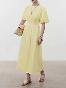 Aalyst Women's Elegant Minimalist Romantic Vacation Linen A-Line Ruffle Design Long Sleeve Midi Dress, Light Yellow, Suitable For Spring/Summer, Occasions Like New Year, Valentine's Day, Easter, Mother's Day, Middle Eastern Weddings - Light Yellow - View 1