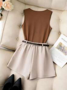 GlowEve CURVE Plus Size Women's Summer Elegant 2-Piece Set Ruched Camisole And Skorts,Beige Summer Smart Casual Wedding Guest Outfits,Solid Color Commuter Classy - Brown - View 2