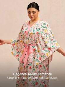 LUVLETTE Đầm kimono hoa hồng cỡ lớn dành cho nữ - Đồ ngủ bằng satin nhẹ với tay áo rộng và thắt eo, thích hợp cho mùa xuân hè, váy ngủ mùa hè cho nữ. - Hồng - Xem 5