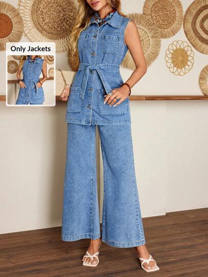 EMERY ROSE Women's Casual Denim Vest With Collar, Single-Breasted, Multiple Pockets