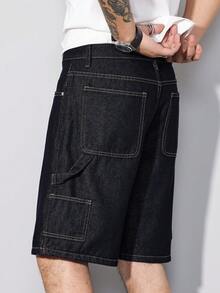 Manfinity Homme Men's Summer Navy Blue Casual Wide Leg Denim Shorts - Dark Wash - View 4