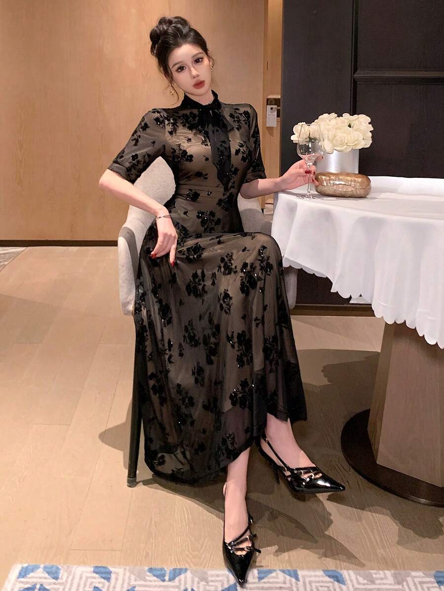 Joudiya 春夏亮片缎带领黑色连衣裙，花卉蕾丝印花，优雅适合情人节、婚礼、派对、正式场合，时尚百搭，收腰设计，长袖，薄纱面料，中长款女装 - 黑色 - 查看 1