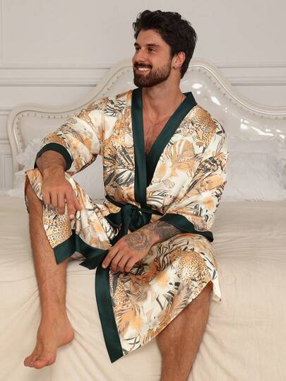DAZY Long Waist Cord Design Floral Print Men's Robe, Spring/Summer