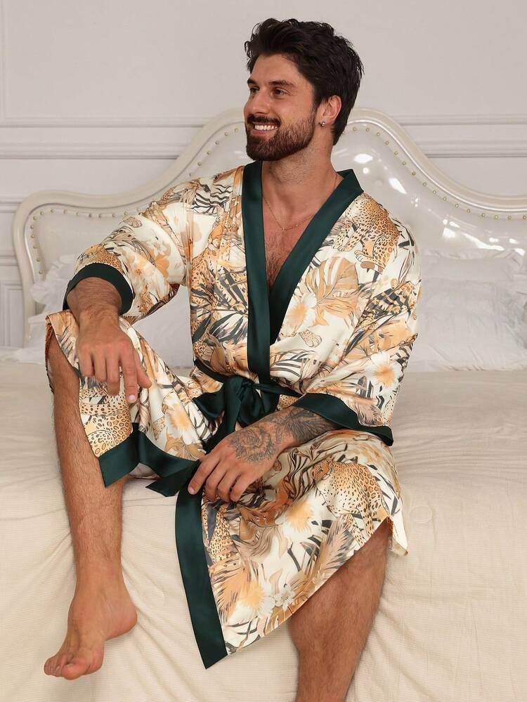 Long Waist Cord Design Floral Print Men's Robe, Spring/Summer