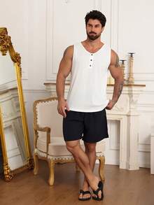 DAZY 男士纯白色背心短裤睡衣套装，夏季 - 彩色 - 查看 1
