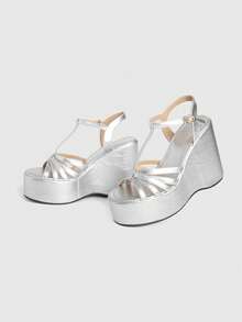 Sugerpunk Giày sandal đế dày cho nữ, sandal đế xuồng hở mũi, giày thời trang - Bạc - Xem 9