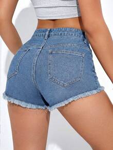 Nuevo 2026 Pantalones cortos de mezclilla casuales minimalistas de unicolor para mujer - Blanco - Ver 7