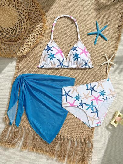 Tween Girls' 3 Pieces Colorful Starfish Print Bikini Set