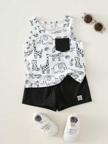 SHEIN 2pcs Baby Boy Cute Cartoon & Striped Pattern Knit Sleeveless Top And Shorts Set - Multicolor - View 1