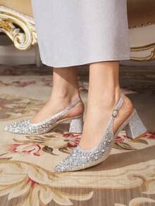 CUCCOO TILAWA Women's Shoes Square Heel Glass Rhinestone Decorative Pointed Women's High-Heeled Shoes, Suitable For Going Out, Banquets, Parties And Other Activities - Silver - View 2