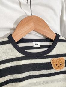 SHEIN Playful Pals 两件套幼儿男童休闲条纹拼接小熊图案短袖圆领T恤和松紧腰裤，适合儿童日常休闲穿着，男童套装，秋季款，适合3岁男童，婴幼儿男童服装，秋季款 - 黑色 - 查看 6