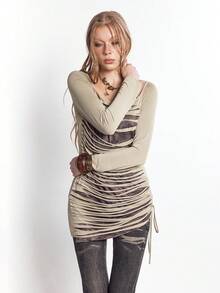 Bloopia 不对称做旧设计长袖T恤，性感抽绳褶皱修身休闲上衣，适合秋冬季穿着 - 卡其色 - 查看 6