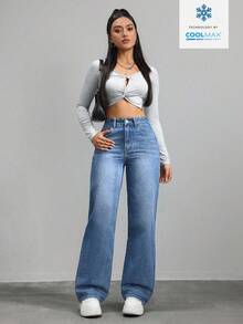 SHEIN ICON 女士口袋纽扣休闲百搭日常穿着阔腿牛仔裤 - 藍色 - 查看 7