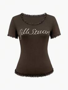 SHEIN Women's Rhinestone Lace Trim Letter Print Short Sleeve T-Shirt - Brown - View 3