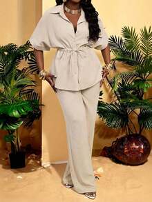 SHEIN VaVaLuxe 2pcs Linen Blend Short Sleeve Tie-Waist Casual Shirt And Elastic Waist Straight Leg Pants Set, Spring/Summer - Apricot - View 7