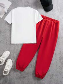 Coolqubz 男童图案圆领T恤和休闲运动裤两件套，夏季 - 紅色 - 查看 2