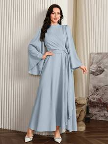 Modelyn Women Elegant Solid Color Bell Sleeve Arabic Dress, Autumn Long Evening Dresses - Blue - View 3
