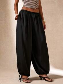 SHEIN BAE 女士纯色弹力腰带口袋休闲百搭通勤阔腿裤，夏季假期，夏季休闲装，黑色裤子，黑色波西米亚风长裤，缎面长裤，休闲长裤，慢跑裤，灯笼裤 - 黑色 - 查看 5