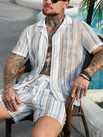 VENTUSAIL Men's Knitted Hollow Striped Vacation Style Casual Short Sleeve Shirt And Shorts Set