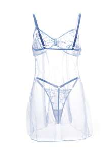Snug Zone 2pcs/Set Women Solid Color Embroidered Sheer Camisole Nightgown And Thong Panty Set - Baby Blue - View 7