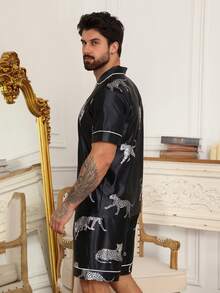 DAZY Ensemble pyjama à manches courtes à imprimé floral pour hommes - Noir - Voir 2