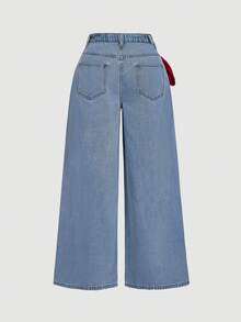 SHEIN MOD Plus Size Red Bow Decor Slant Pocket Wide Leg Jeans - Blue - View 2