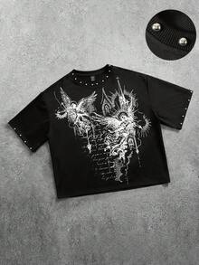 ROMWE MEN Street Life Men's Studded Graphic Print Short Sleeve T-Shirt Spring/Summer - Black - View 5