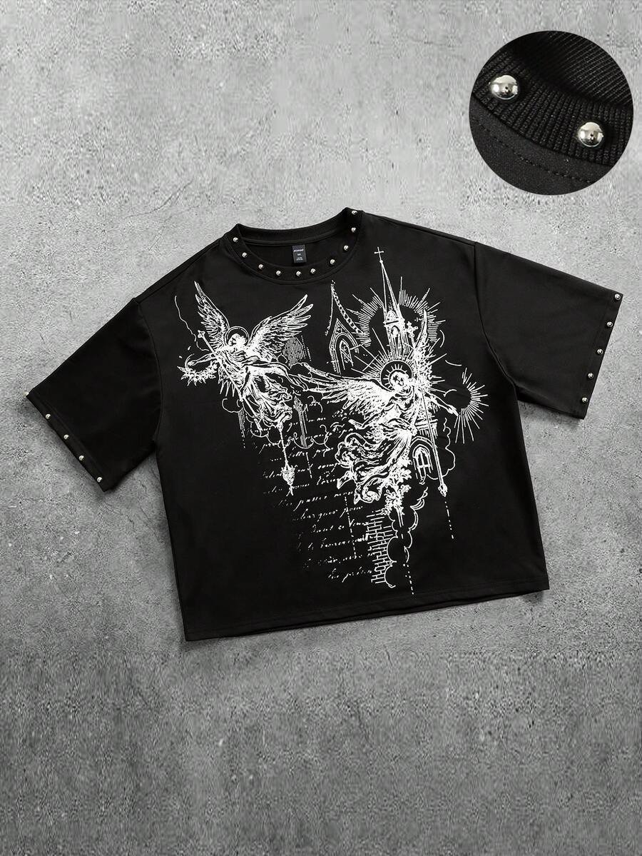 ROMWE MEN Street Life 男士铆钉图案印花短袖T恤 - 黑色 - 查看 1