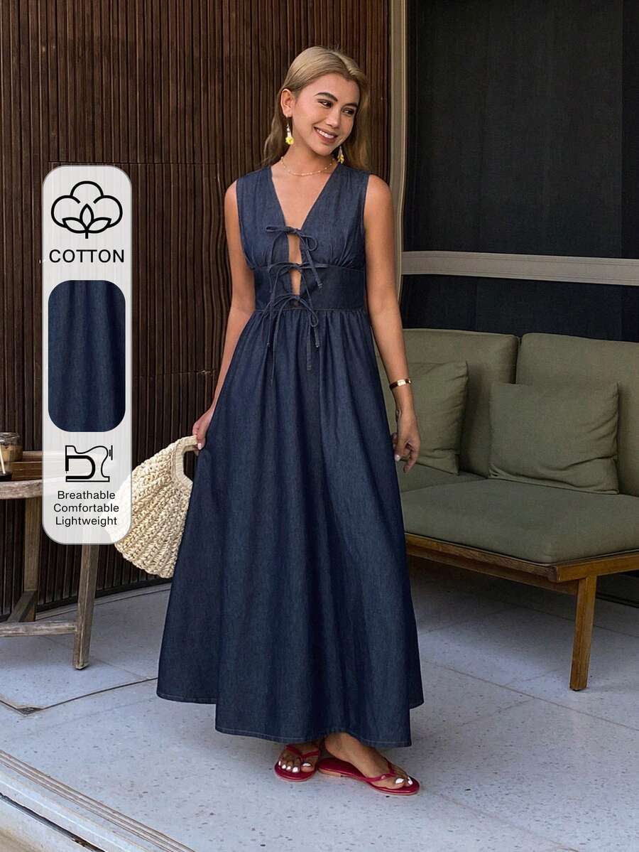 DAZY Women's V-Neck Sleeveless Tie-Up Butterfly Applique Casual Long Denim Dress Summer - Dark Wash - View 1
