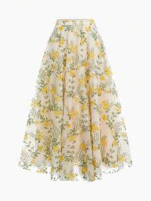 ZEYLAH 对比色网眼花卉刺绣飘逸短裙，长裙，情人节，春夏 - 彩色 - 查看 2