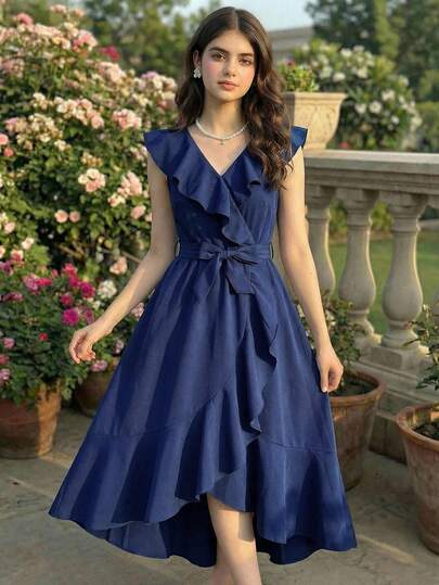 Tween Girl Elegant Party Solid Color Ruffle Wrap Dress