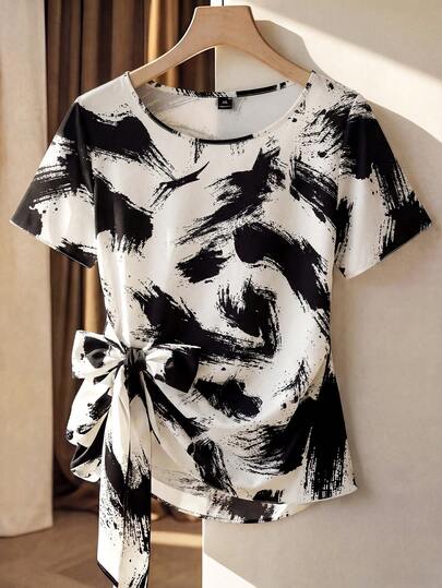 Franclia 大码女式春季黑白花卉印花系带短袖休闲衬衫