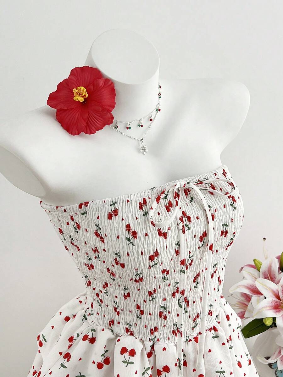 Elamini Summer New Arrival Dress, Sweet Heart & Cherry Print Cake Skirt - Multicolor - View 1