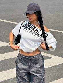 SHEIN 女士标语印花宽松休闲短袖T恤 - 白色 - 查看 4