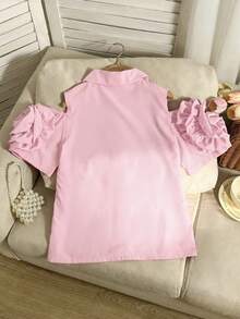 SHEIN 少女纯色3D立体花卉装饰露肩单排扣衬衫 - 粉色 - 查看 2