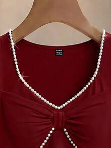 SHEIN Franclia Elegant Sleeveless Burgundy Tank Top For Women Featuring Deep V Neck And Pearl Rhinestone Details - Burgundy - View 5