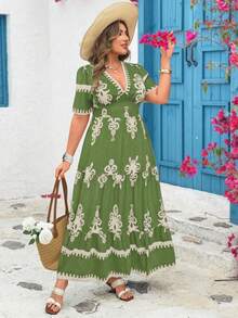 Clasi Vestido de mujer talla grande con estampado floral, cuello en V, mangas cortas y dobladillo con volantes, estilo vacacional - Limelight Green - Ver 7