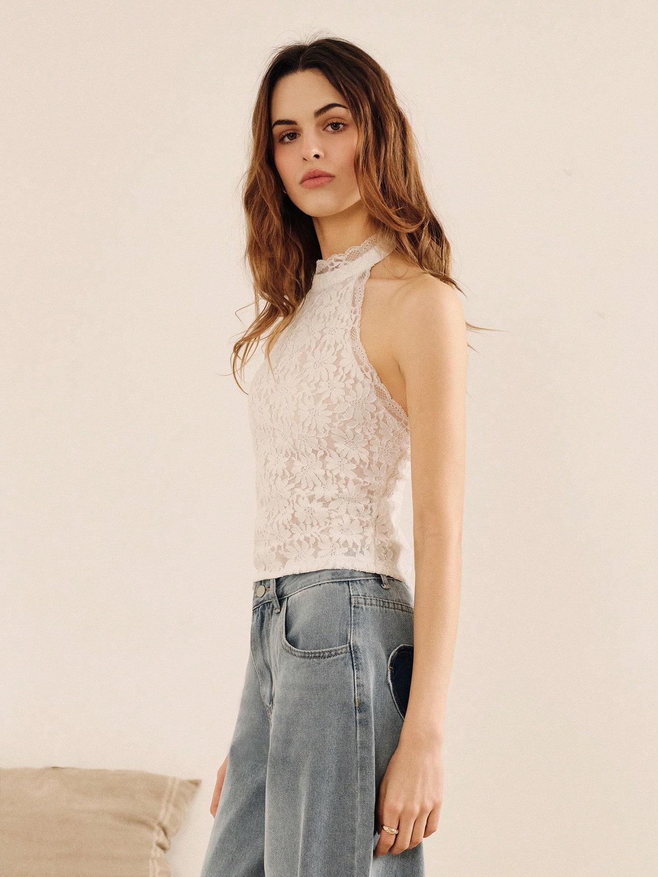 Cream And Blue Lace High Neck Sleeveless Top Romantic Vintage Elegant Lace Top Spring Summer Vacation French Style Parisian Style Holiday Top Going Out