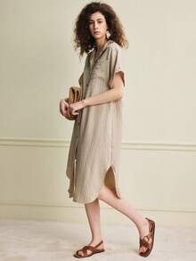 EMERY ROSE Đầm midi tay ngắn kẻ sọc kiểu Pháp cổ điển, thanh lịch và thời trang dành cho nữ, thích hợp cho mùa xuân/hè. - Màu be - Xem 7