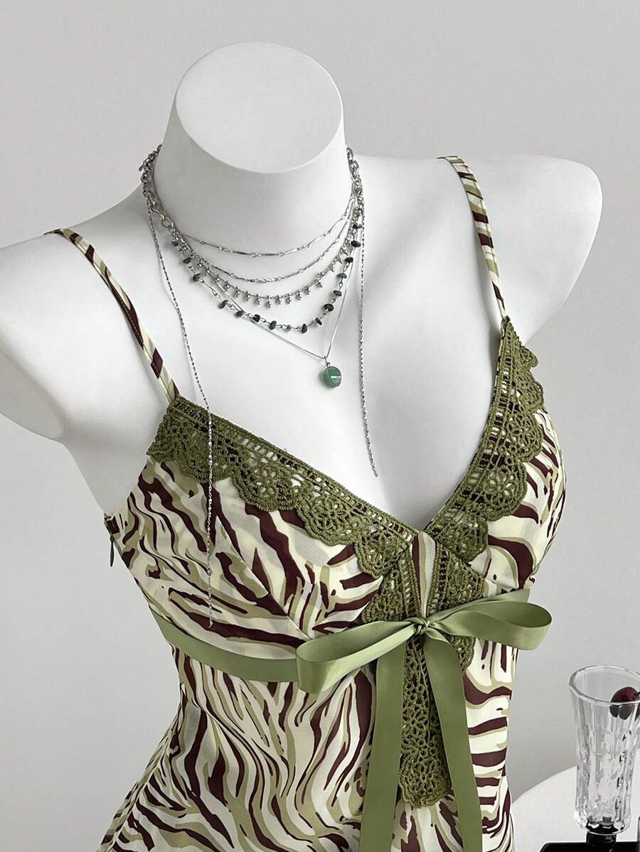 Elamini 女士斑马纹撞色蕾丝边蝴蝶结吊带背心,适合度假、野餐、海滩等场合,女士夏季服装 - 綠色 - 查看 1