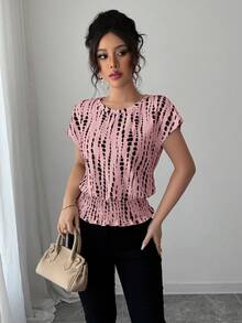 Elenzga 圆领印花弹力腰身简约女式T恤，插肩袖设计，适合春夏秋冬四季穿着，也可作为音乐会女装、优雅晚礼服、日常通勤、婚礼季/音乐节等场合的休闲服饰。 - 珊瑚粉 - 查看 4