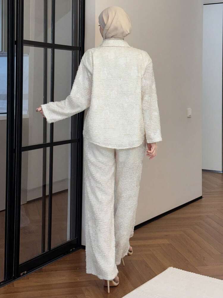 Women's Casual Solid Color Textured Collar Shirt And Wide Leg Pants 2 Pieces Set, Spring