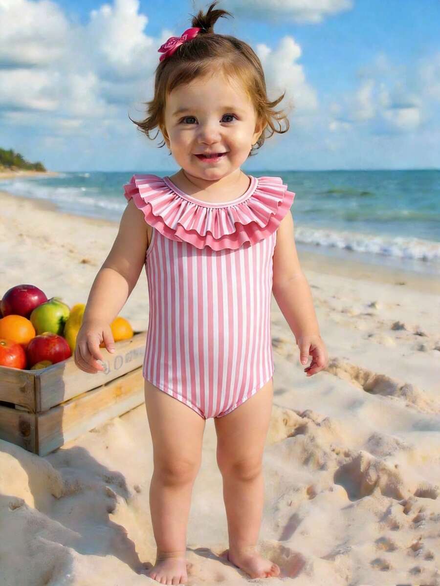 SHEIN Traje de baño de una pieza con volantes y estampado digital para niñas bebé, para primavera/verano/otoño, para vacaciones en la playa - Rosa coral - Ver 1
