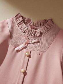 SHEIN Petal Sleeve Patchwork Tween Girls Frill Trim Bow Tie Dress - Dusty Pink - View 1