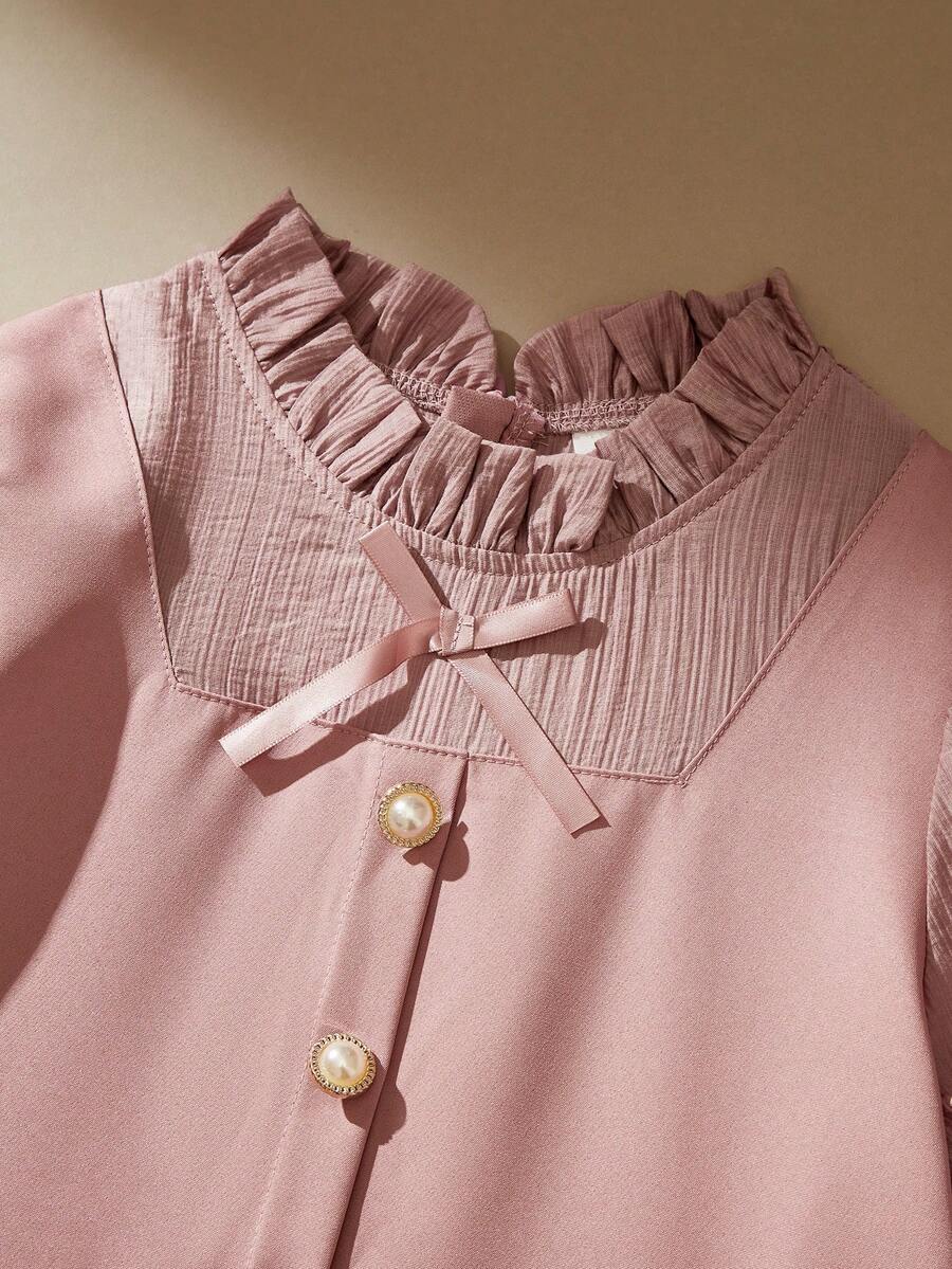 SHEIN Petal Sleeve Patchwork Tween Girls Frill Trim Bow Tie Dress - Dusty Pink - View 1